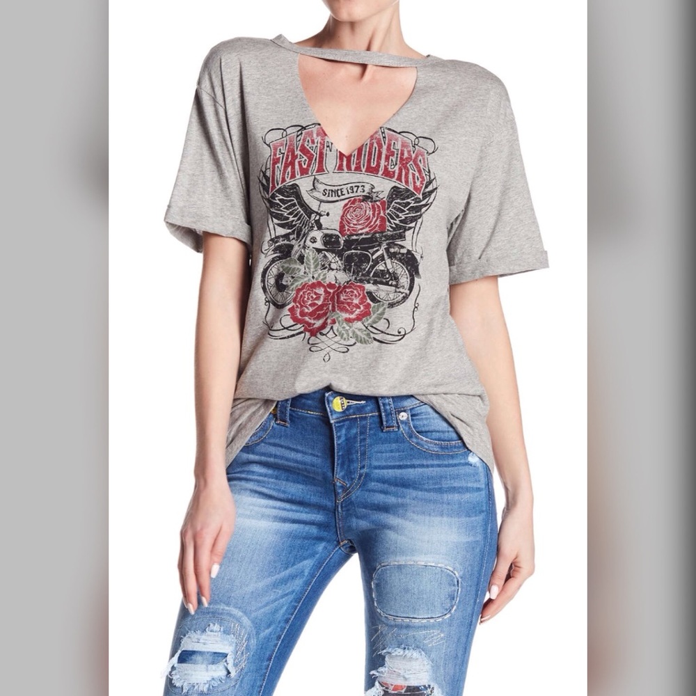 🔥SALE🔥HIP Gigi Neck Biker Graphic Tee NWT Gray